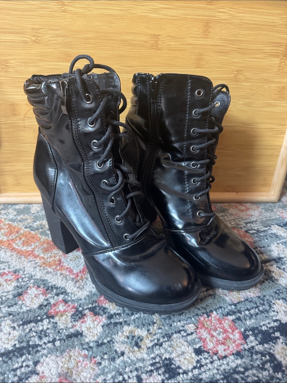JustFab Black Lace-Up Block Heel Boots